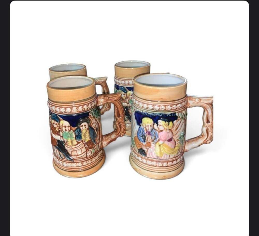 Vintage Ceramic German Style Relief Beer Steins w/Tavern Scene - Set of 4